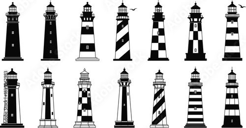 Large set of coastal lighthouse silhouettes in black and white stripes and check patterns for marine navigation and safety isolated on white