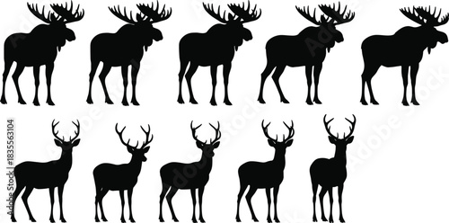 Moose and Deer Silhouettes Set, Various Antlered Male Wildlife Animals, Black Vector Illustration for Hunting and Nature Design Graphics