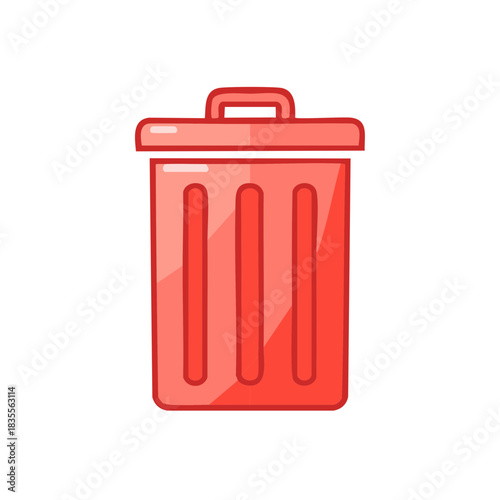 Cartoon Red Trash Can with Lid and Handle Simple Icon Graphic