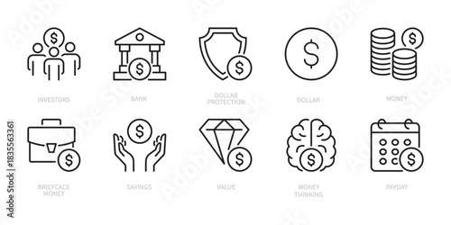 Dollar line black icon set. Currency, money, finance, investors, bank, protection, briefcase, savings, value, thinking, payday, financial concept. Vector illustration. Isolated on a white background.