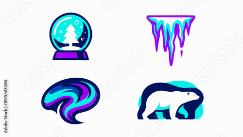 Winter Themed Icons Featuring Snow Globe Icicles Aurora Borealis and Polar Bear.