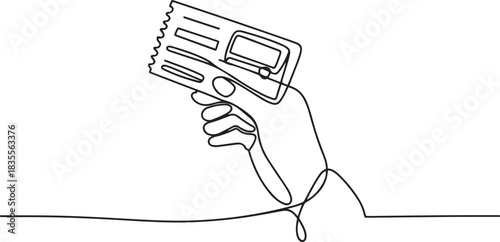 Continuous single line drawing of hand with paper, note. One line drawing of passenger ticket for bus, transport. one line Icon drawing