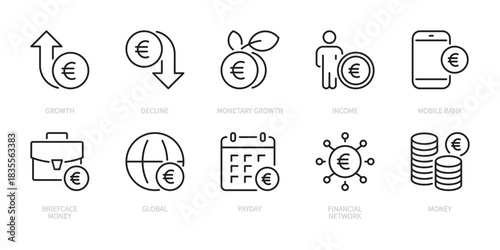 Euro icon set. Currency, money, finance, growth, decline, monetary, income, mobile bank, briefcase, global, payday, financial network, etc. Vector illustration. Isolated on a white background.