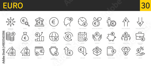 Euro icon set. Currency, money, finance, bank, profit, income, money bag, roi, exchange, savings, piggy bank, wallet, credit, financial, etc. Vector illustration. Isolated on a white background.
