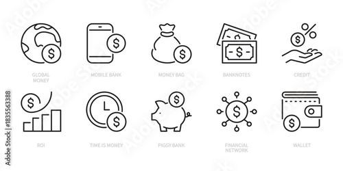 Dollar line black icon set. Currency, money, finance, bank, money bag, banknote, credit, roi, time is money, piggy bank, wallet, financial concept. Vector illustration. Isolated on a white background.
