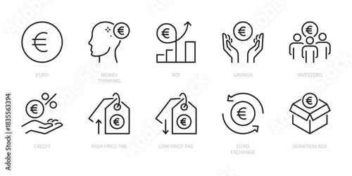 Euro icon set. Currency, money, finance, money thinking, roi, savings, investors, credit, hight, low, price tag, exchange, donation box, etc. Vector illustration. Isolated on a white background.