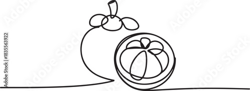 Continuous one line drawing half cut healthy sweet red organic mangosteen for orchard logo identity. Fresh fruitage concept for fruit garden icon. one line Icon drawing