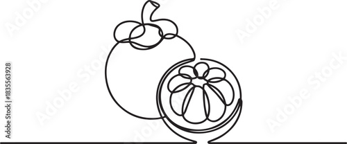 Continuous one line drawing half cut healthy sweet red organic mangosteen for orchard logo identity. Fresh fruitage concept for fruit garden icon. one line Icon drawing