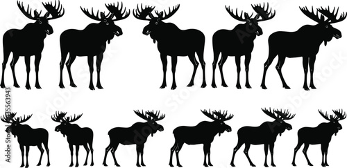 Moose Elk Silhouette Collection Set of Wild Animal Poses Antlers Design Flat Vector Illustration Wildlife Nature Print Sticker CAD Drawing Graphic.