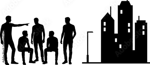 Group of people in silhouette pointing towards a city skyline silhouette