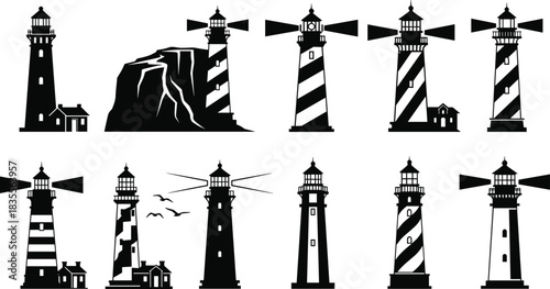 Nautical Lighthouse Coastal Vector Silhouettes Set, Ocean Navigation Beacon Drawing, Sea Shore Tower and Cliff Collection, Marine Safety Warning Illustration Design