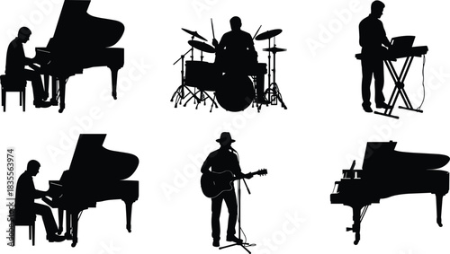 Musicians Silhouette Set Performing Live Music Concert Including Grand Piano Player Drummer Keyboardist Guitarist Singer Musical Instruments Vector Drawing
