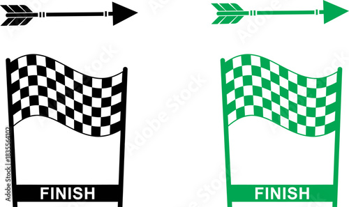 Two finish line flags with arrows above in silhouette style