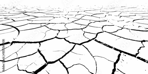 High-contrast cracked dry earth texture with bold black fractures on a white surface. Minimalist abstract background ideal for environmental themes, climate change concepts, and graphic design use.