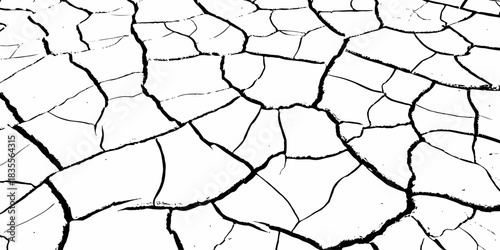 High-contrast cracked dry earth texture with bold black fractures on a white surface. Minimalist abstract background ideal for environmental themes, climate change concepts, and graphic design use.