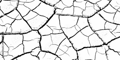 High-contrast cracked dry earth texture with bold black fractures on a white surface. Minimalist abstract background ideal for environmental themes, climate change concepts, and graphic design use.