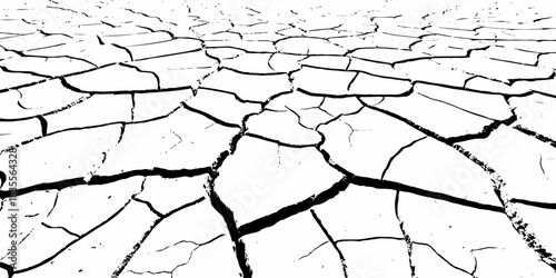High-contrast cracked dry earth texture with bold black fractures on a white surface. Minimalist abstract background ideal for environmental themes, climate change concepts, and graphic design use.
