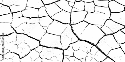 High-contrast cracked dry earth texture with bold black fractures on a white surface. Minimalist abstract background ideal for environmental themes, climate change concepts, and graphic design use.