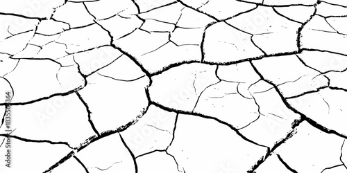 High-contrast cracked dry earth texture with bold black fractures on a white surface. Minimalist abstract background ideal for environmental themes, climate change concepts, and graphic design use.