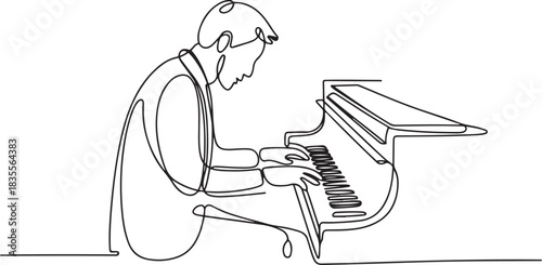 A continuous line drawing of a man enthusiastically playing the piano, immersing himself in the melody. His hands glide smoothly over the keys. one line Icon drawing
