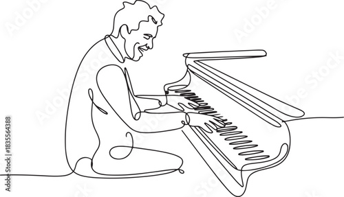A continuous line drawing of a man enthusiastically playing the piano, immersing himself in the melody. His hands glide smoothly over the keys. one line Icon drawing