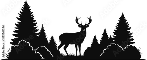 Majestic buck standing tall amidst silhouetted pine trees and rocky outcrops in a serene forest landscape scene isolated on white background