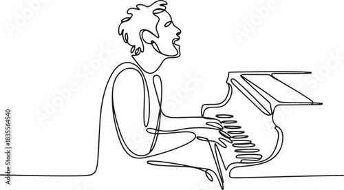 A continuous line drawing of a man enthusiastically playing the piano, immersing himself in the melody. His hands glide smoothly over the keys. one line Icon drawing