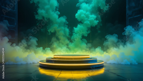 Futuristic neon podium with green and blue smoke effects