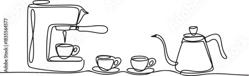 Coffee set one line continuous drawing. Coffee machine, espresso cups, gooseneck kettle continuous one line illustration. one line Icon drawing