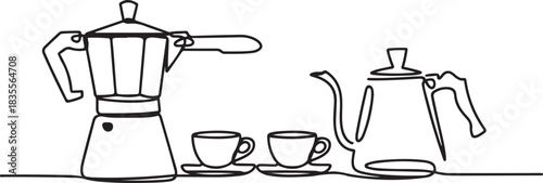 Coffee set one line continuous drawing. Coffee machine, espresso cups, gooseneck kettle continuous one line illustration. one line Icon drawing