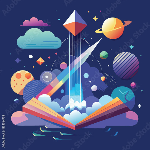 Space exploration adventure: rocket launch from an open book. space