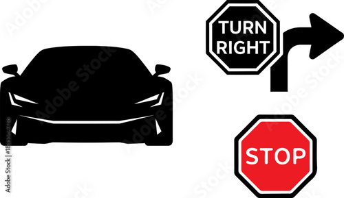 Black car silhouette approaching stop and turn right traffic signs