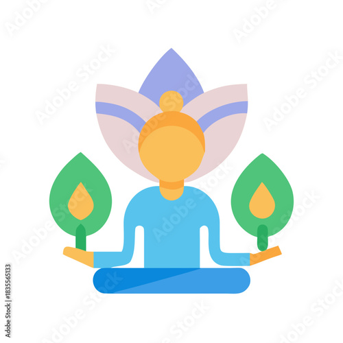 Person in meditative pose with lotus and leaves in flat design style