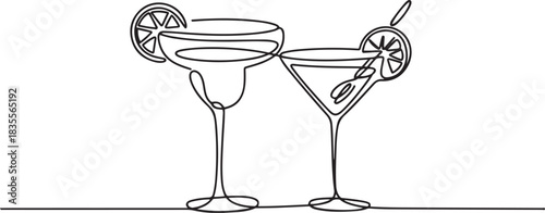 Glass of cocktails in continuous one line drawing. Margarita toast and martini cup in simple linear style. Alcohol drink menu in editable stroke. one line Icon drawing