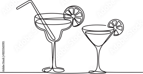 Glass of cocktails in continuous one line drawing. Margarita toast and martini cup in simple linear style. Alcohol drink menu in editable stroke. one line Icon drawing