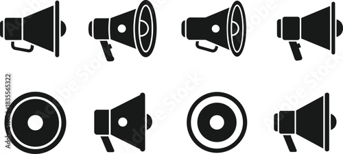 Set of eight different megaphone and speaker icons, communication symbols, announcement signs, and volume black silhouettes isolated on white