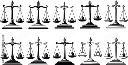 Set of Justice Scales and Weight Vector Silhouettes, Law and Balance Symbol Drawing, Legal Judgment and Equality Illustration, Measurement Equipment Collection Design Element