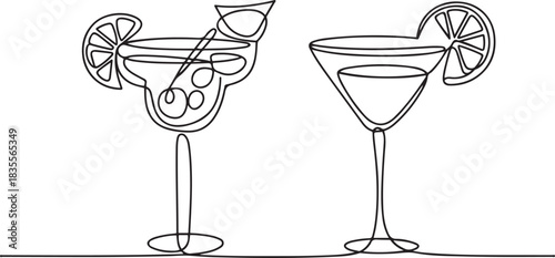 Glass of cocktails in continuous one line drawing. Margarita toast and martini cup in simple linear style. Alcohol drink menu in editable stroke. one line Icon drawing