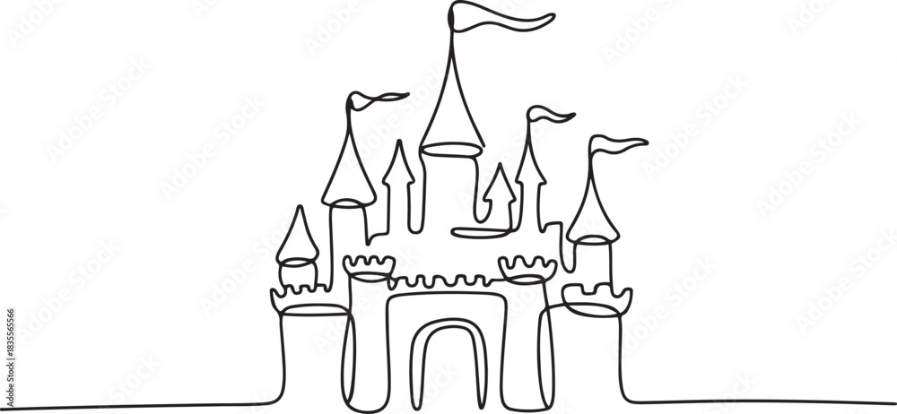Obraz premium one continuous line drawing of castle.one line drawing of castle fantasy world story. single line vector illustration of castle icon. one line Icon drawing