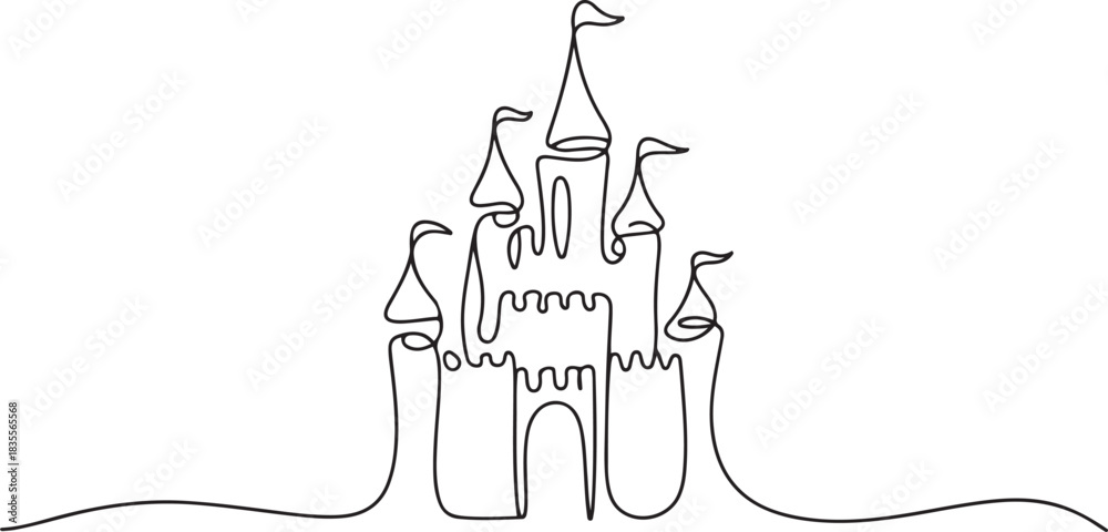 Naklejka premium one continuous line drawing of castle.one line drawing of castle fantasy world story. single line vector illustration of castle icon. one line Icon drawing