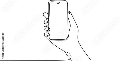 Hand holding smartphone in one continuous line drawing. Symbol of technology. Phone in simple linear style. Editable outline illustration. one line Icon drawing