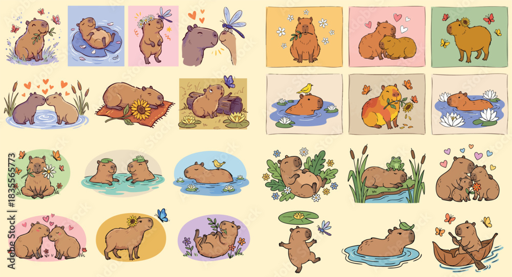Obraz premium Whimsical kids doodle sheet of playful capybaras in pastel vignettes bathing, napping, snacking, and posing with flowers, reeds and pond scenes, soft cheerful flat vector style