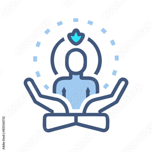 Person meditating in lotus position with hands offering light, minimalist vector design