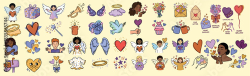 Whimsical kids doodle valentines day sticker sheet close up of diverse black women and girls holding hearts, doves, wings, crowns on pastel beige background soft warm lighting