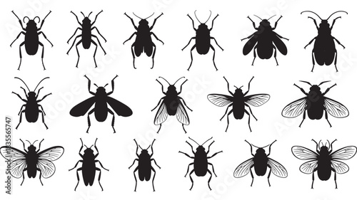 Insect silhouette collection vector illustration of various bugs and flies isolated on white background