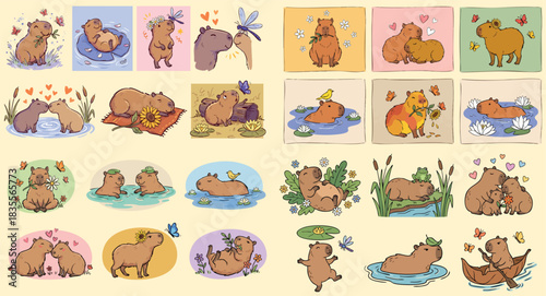 Whimsical kids doodle sheet of playful capybaras in pastel vignettes bathing, napping, snacking, and posing with flowers, reeds and pond scenes, soft cheerful flat vector style
