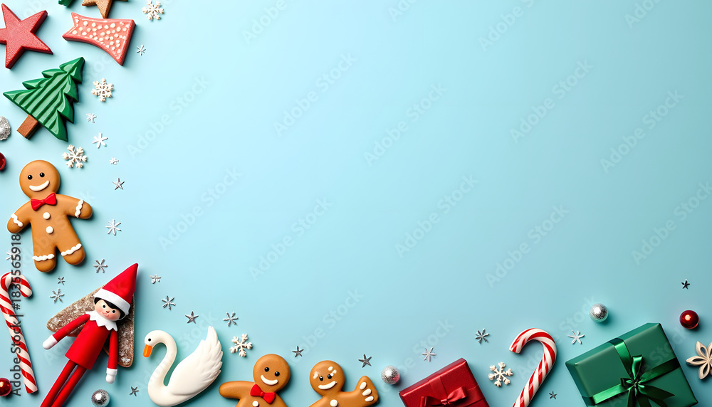 Naklejka premium Festive Christmas decorations and treats on a light blue background
