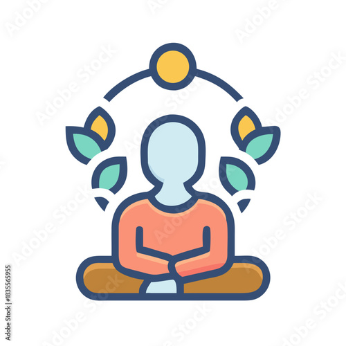 Meditating Figure in Lotus Position Surrounded by Leaves and a Sun Icon