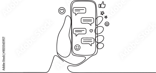 Hand holding phone with short messages, icons and emoticons. Chatting with friends and sending new messages. one line Icon drawing