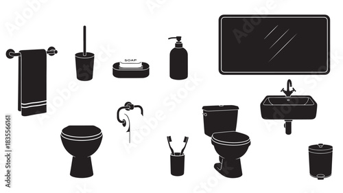 Bathroom Icons Set with Toilet Sink Shower and Accessories